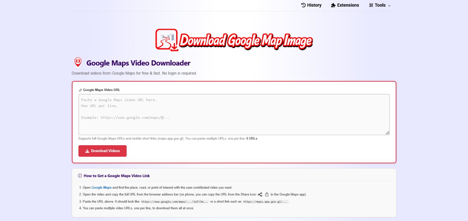 Google Maps Video Downloader website preview
